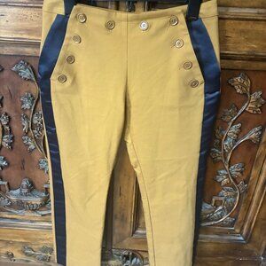 Cop Copine French Flat Front Button Accent Cropped Dress Pants Gold Navy Pockets
